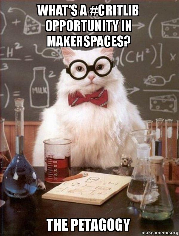 cat dressed like a chemistry professor saying "what's a #critlib opportunity in makerspaces? the petagogy"