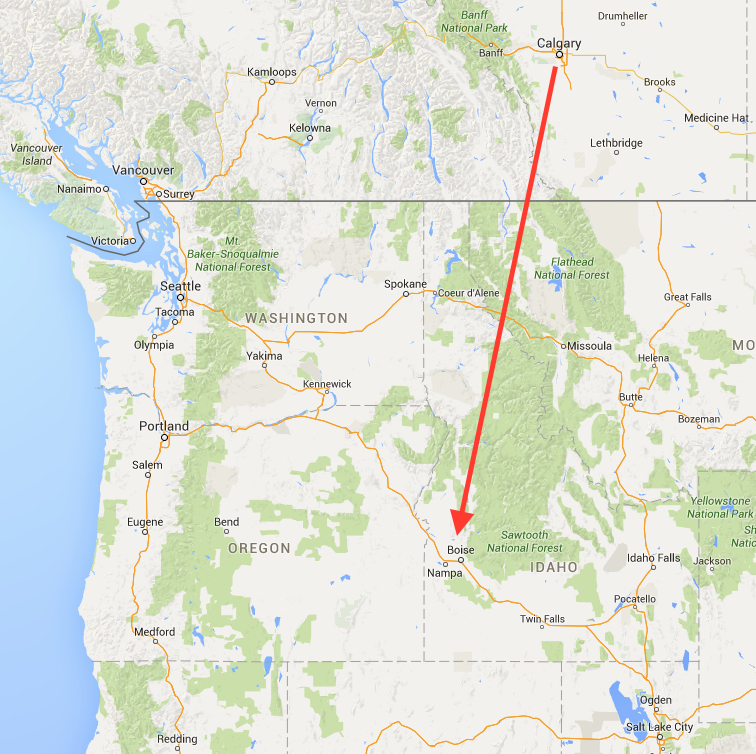 Map showing relationship of Boise and Calgary on map