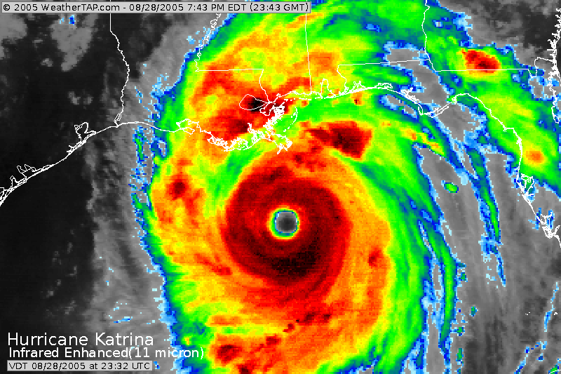 Satellite imagery of Hurricane Katrina hitting the shore