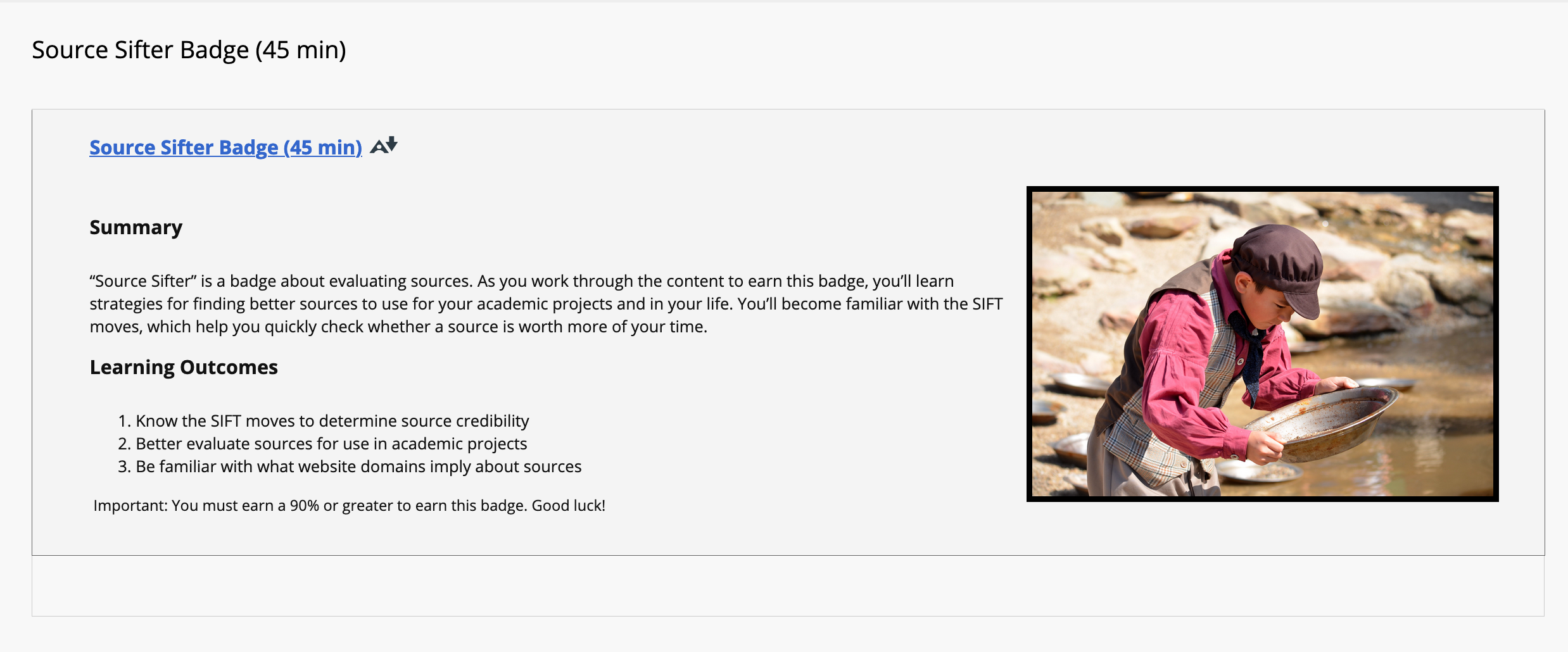 screencap of badge overview, including a child sifting for gold